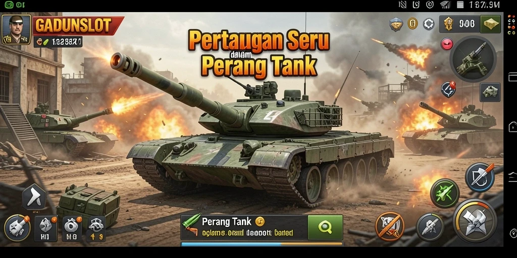 Tampilan antarmuka dan gameplay GADUNSLOT dalam pertempuran tank.